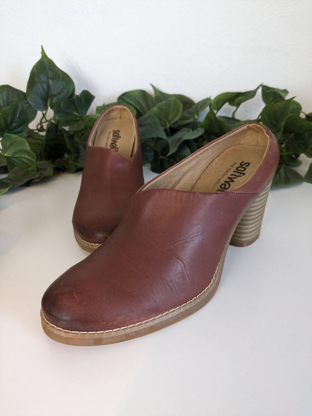 Softwalk Keya Mules Shoes Heels Leather Brown Fall Spring Boho Comfort Size 7N